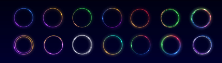 Neon gradient frames, set of glowing round futuristic design elements. Bright geometric shapes, modern sign collection. Bright circle. Light effect of curved line Blue portal, platform. Dust effect