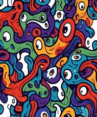 Obraz premium Colorful abstract doodle pattern with googly eyes and organic shapes.