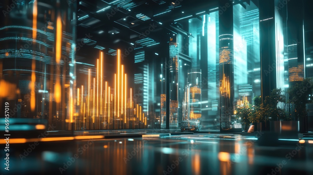 Aufkleber a futuristic 3d bar graph with glowing bars, visualizing financial growth and investment data in a h