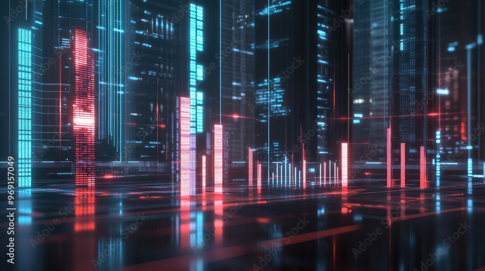 Poster a futuristic 3d bar graph with glowing bars, visualizing financial growth and investment data in a h