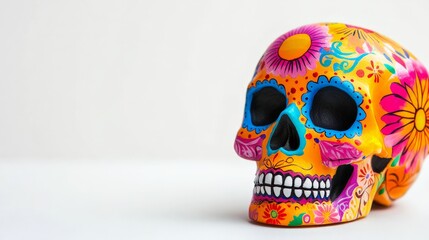 Colorful decorated ceramic skull with floral patterns symbolizing Day of the Dead against a white background. Vibrant and festive imagery.
