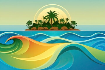 Obraz premium Captivating Island Seascape with Dynamic Waves and Colorful Gradient on Clean Background