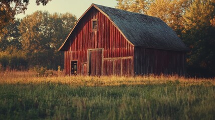 Obraz premium A rustic red barn surrounded by tall grass and trees in a serene rural landscape.