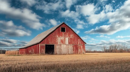 Obraz premium A rustic red barn stands in a golden field under a blue sky with fluffy clouds.