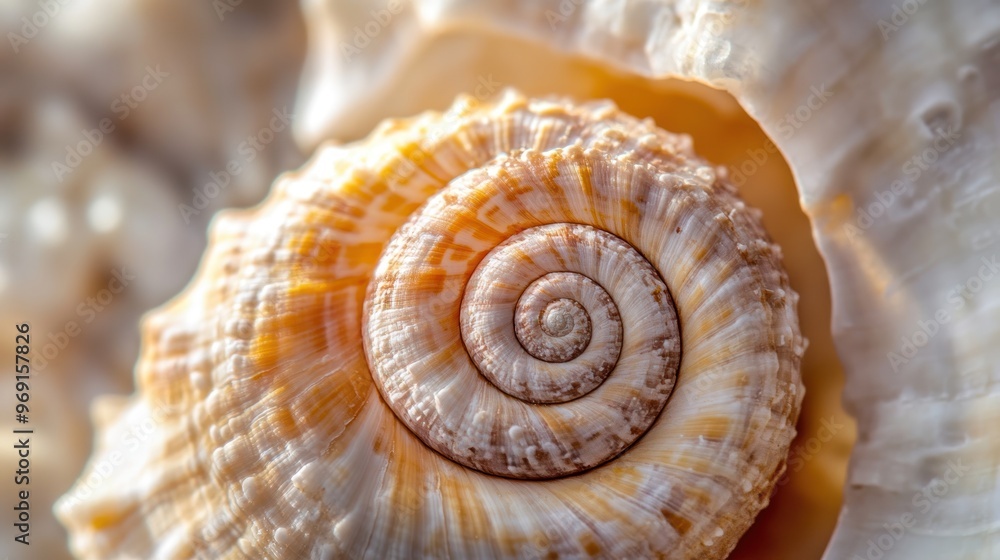 Poster close-up of a spiral seashell showcasing intricate patterns and natural textures.