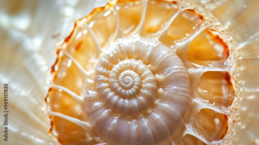 Poster close-up of a beautiful spiral seashell showcasing intricate patterns and textures.