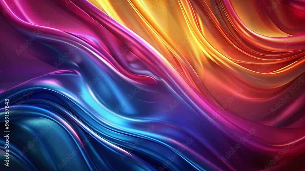 Poster innovative design of an abstract colorful metallic wavy background featuring dynamic shapes and bold
