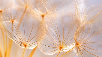 Close-up of delicate dandelion seeds illuminated softly, showcasing intricate details and textures.