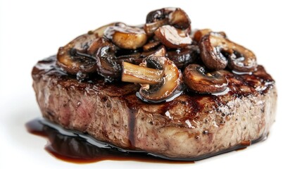 A gourmet steak topped with saut mushrooms and onions, with a drizzle of balsamic glaze, all presented on a simple white background.