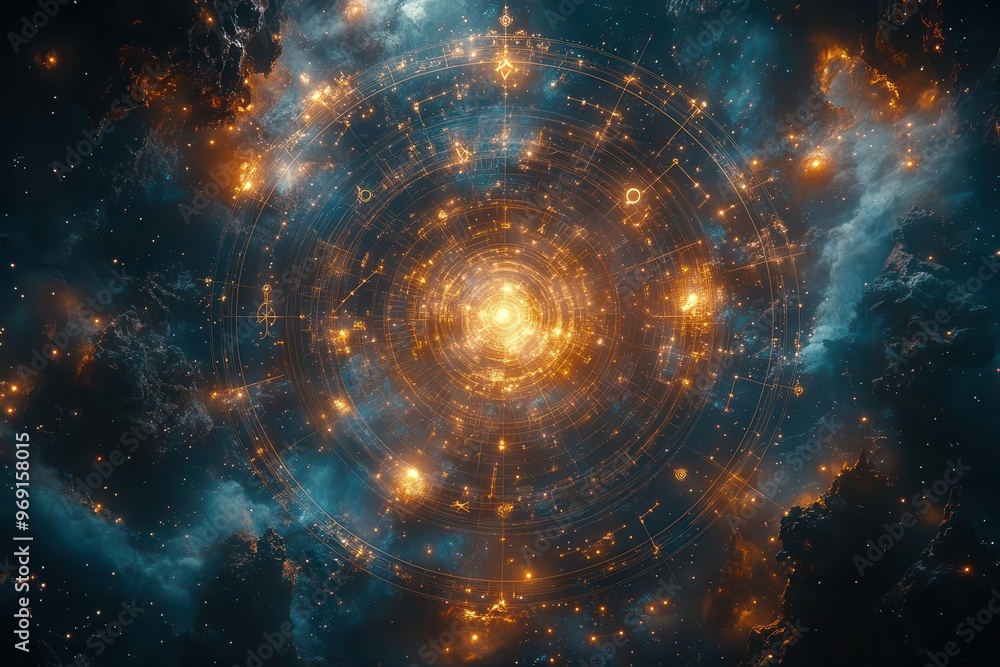 Wall mural celestial zodiac symbols floating in cosmic expanse mystical astrological signs illuminate against s