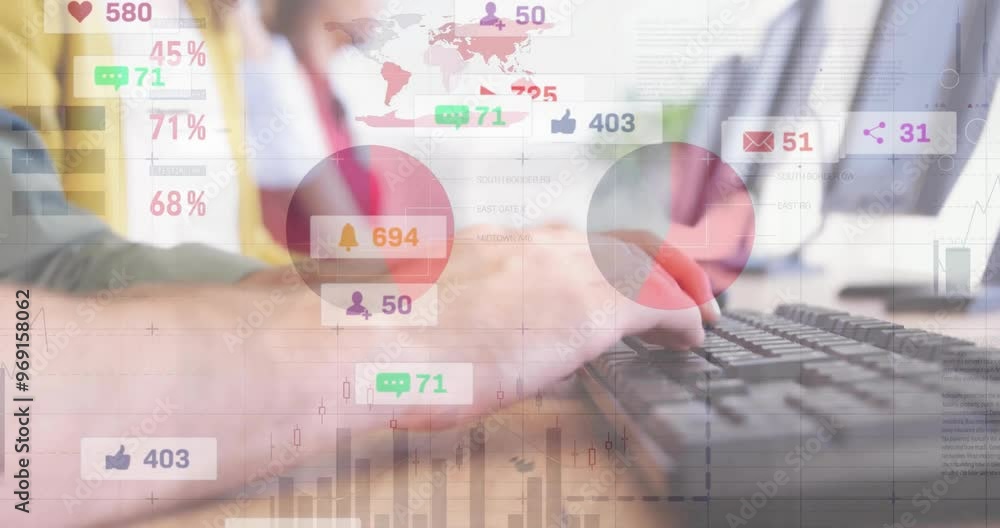 Poster animation of social media data processing over caucasian businessman using computer