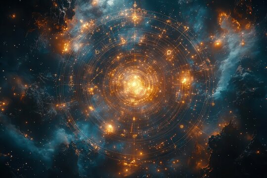 celestial zodiac symbols floating in cosmic expanse mystical astrological signs illuminate against swirling galaxy backdrop dreamy ethereal interpretation of celestial divination