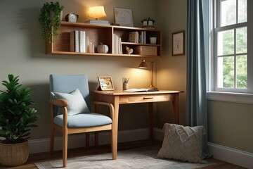 Cozy 3D Study Space Design Featuring Maple Desk Comfortable Chair and Warm Lighting for Relaxed Learning