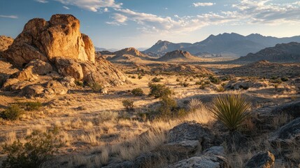 Obraz premium A scenic desert landscape featuring rocky formations and distant mountains under a blue sky.