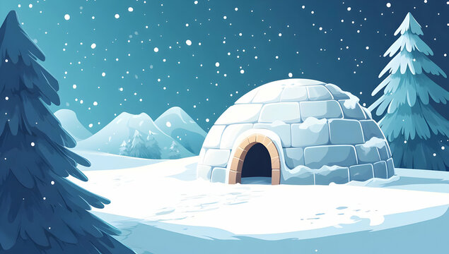 A cozy igloo surrounded by snow-covered trees, set against a starry night backdrop. Perfect for winter-themed projects.