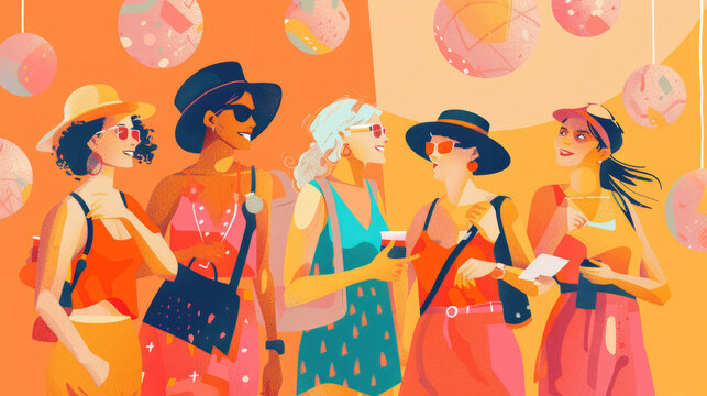 Five stylish women engage in conversation while immersed in a vibrant festival environment, showcasing summer fashion and cheerful energy