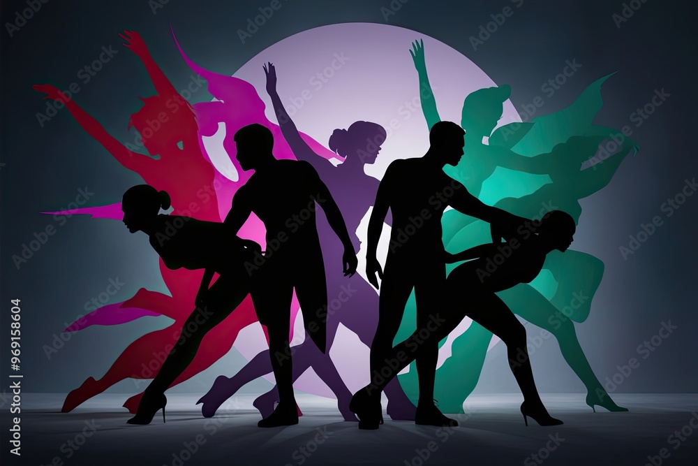 Poster dynamic silhouettes and bold color contrasts of ruby lavender and emerald on dusky background in art