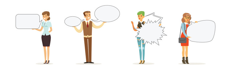 People Characters Holding Empty Speech Bubble Vector Illustration Set