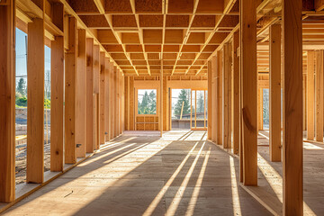 Insulation being installed in the ceiling and walls before plasterboard covers all of the walls. The beginning of the construction of the Cottage. House made of laminated veneer lumber.