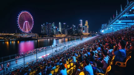 Rolgordijnen zonder boren Panoramic image of vibrant nighttime scene of a Formula 1 race in a city setting. Tribune of spectators watching race event © master1305
