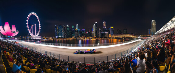Panoramic image of vibrant nighttime scene of a Formula 1 race in a city setting. Tribune of spectators watching race event.