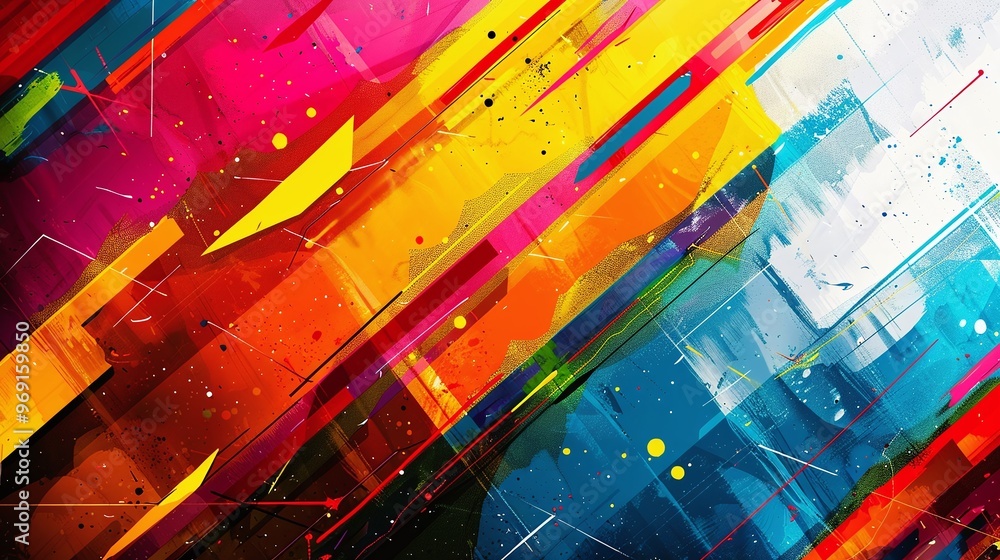 Poster unique artistic illustration featuring vibrant colors and dynamic lines that create a playful geomet