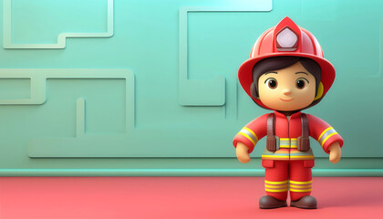 A cheerful cartoon firefighter character in a bright red uniform, standing against a minimalistic background.