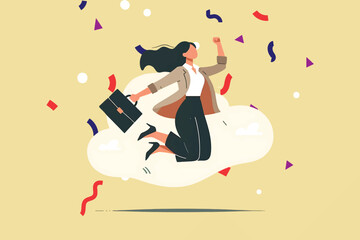 A career woman jumps happily celebrating her success in a new office project and is awarded for her success