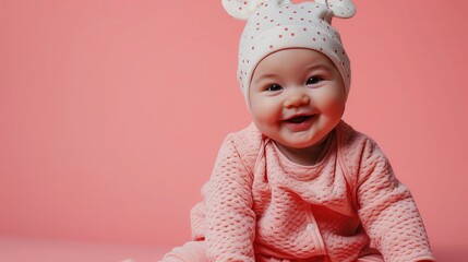Cute little baby girl in pink pajamas and hat on pink background