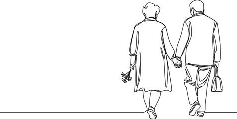 continuous single line drawing of senior couple walking hand in hand, line art vector illustration
