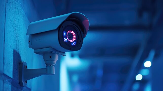 A high-tech CCTV camera with night vision capabilities, featuring infrared LEDs and a sleek design, positioned in a dimly lit environment.