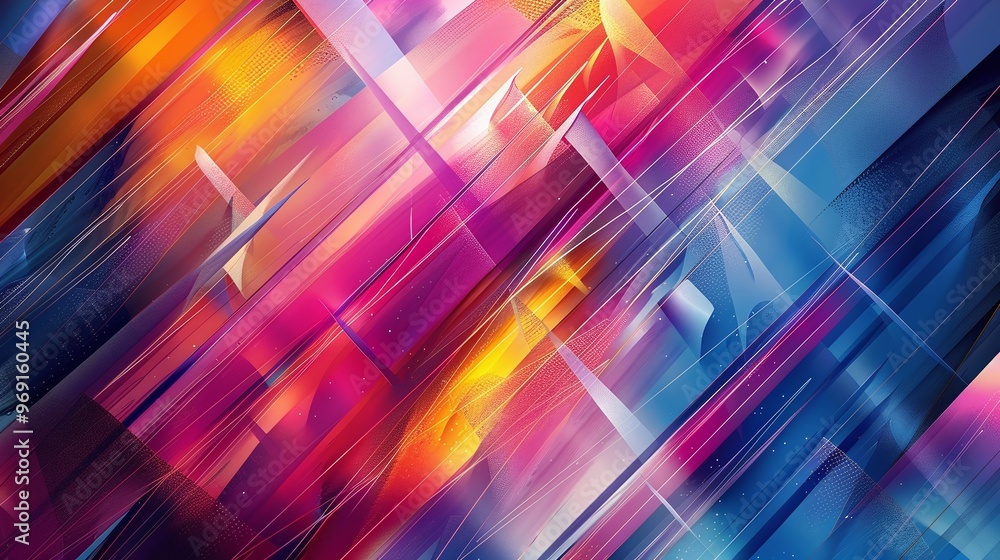 Poster unique artistic illustration featuring vibrant colors and dynamic lines that create a playful geomet