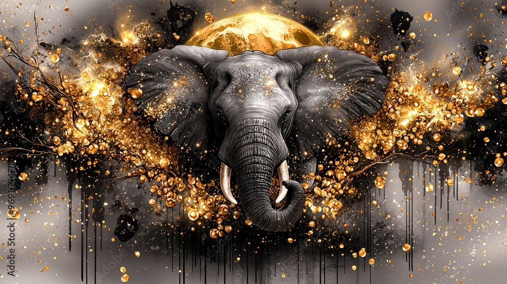 Canvas Prints   Painting of an elephant beneath a golden full moon