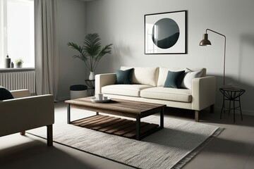 3D Scandinavian Minimalist Living Room Design with Ivory Sofa Reclaimed Wood Coffee Table and Elegant Decor