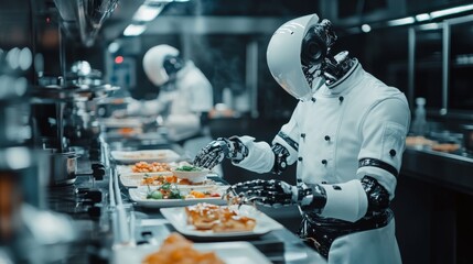 Fototapeta premium Futuristic robotic chefs preparing gourmet meals autonomously: Robots assembling complex dishes in a high-tech kitchen.