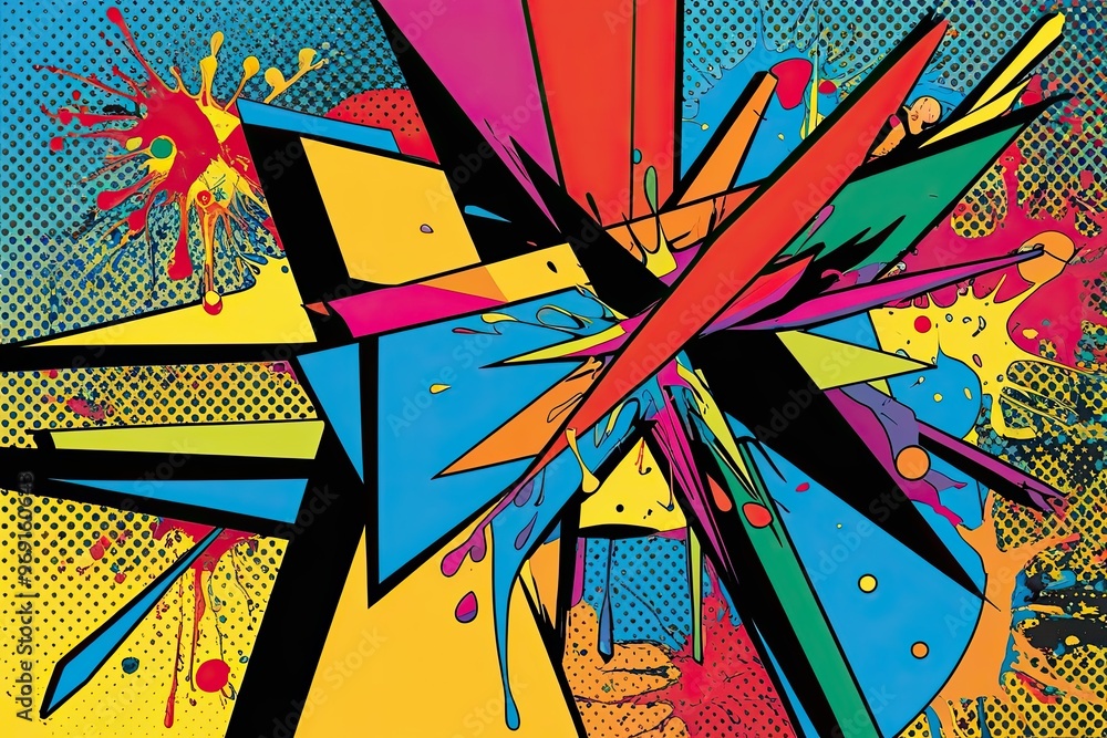 Poster vibrant colorful pop art design featuring dynamic shapes lines and splashes