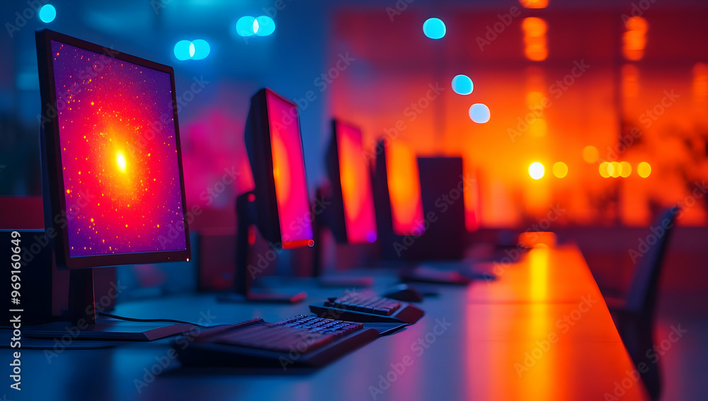 Poster a vibrant workspace featuring glowing monitors, creating a modern and dynamic atmosphere suitable fo