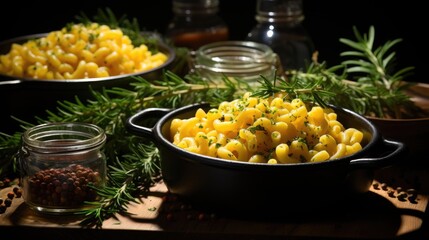 Front view fragrant mac and cheese with white background and spotlight for advertise and presentation. 
