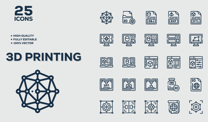 3D printing outline icon set. Print technology editable stroke line symbols. Computer aided design (CAD), digital model, rapid prototyping icon collection.