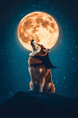Husky in Witch Costume on Spooky Hill Under Full Moon.
