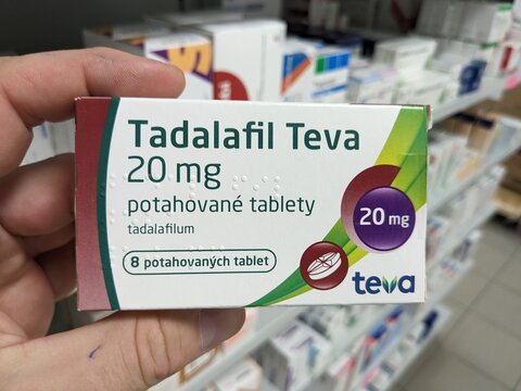Prague,Czech Republic-September 11 2024: TADALAFIL TEVA box of medication with TADALAFIL active substance by TEVA, used for treatment of erectile dysfunction and benign prostatic hyperplasia.	
