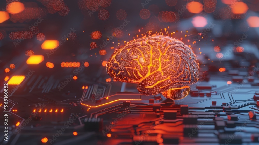 Poster glowing brain on a circuit board, representing artificial intelligence or neural networks