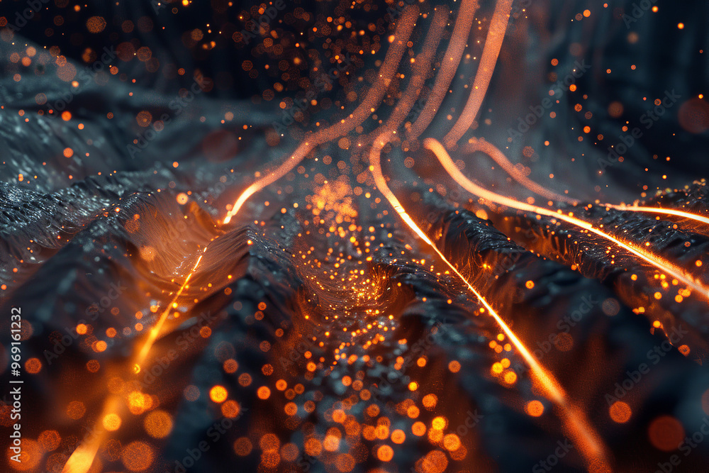 Poster abstract futuristic exploding pixel neon gold vibrant display of intertwined energy streams and shim
