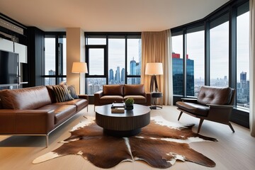 Fototapeta premium Modern 3D Smart Living Room Design Featuring Leather Furniture Urban Coffee Table and Cozy Hide Rug with City View
