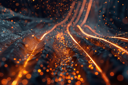 Abstract Futuristic Exploding Pixel Neon Gold vibrant display of intertwined energy streams and shimmering lights, 5G Energy Network