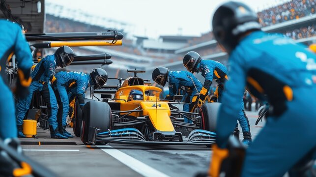 Formula 1 pit crew in blue uniforms surrounds a yellow racing car, performing a pit stop with precision and speed.