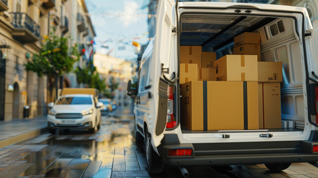 A delivery van is parked on a vibrant city street with several boxes loaded in the back, surrounded by lively shops and pedestrians