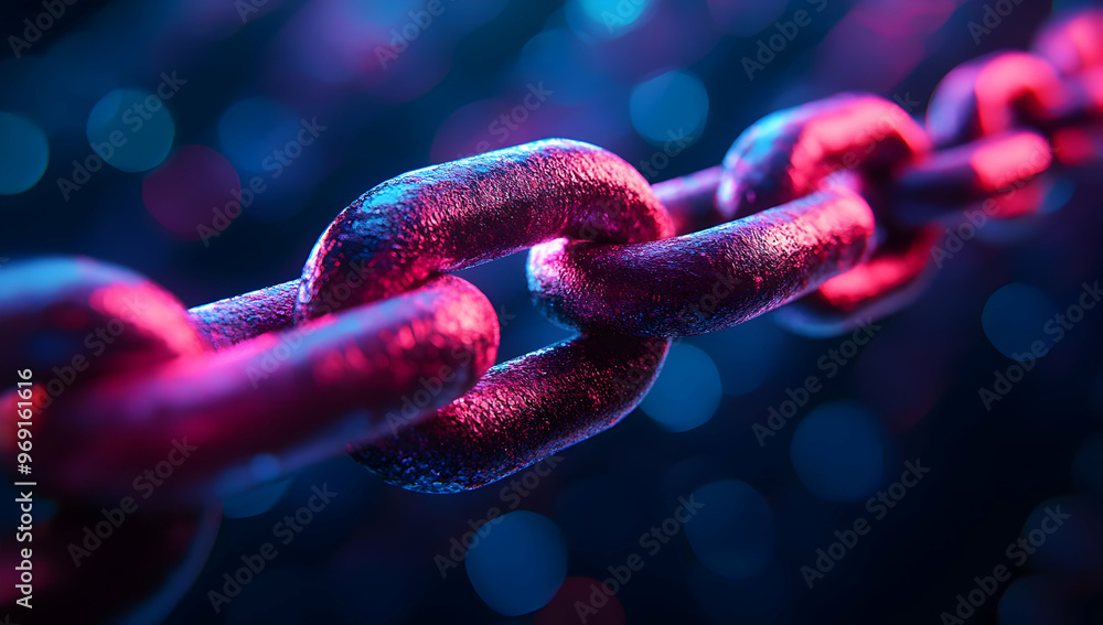 Poster a vibrant close-up of a metallic chain illuminated by colorful lights, showcasing its texture and re