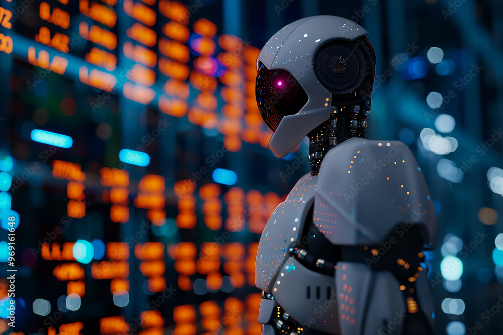 Poster friendly white robot looking to the left, digital chatbot for provide access to information and data