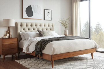 A mid century modern interior in a bedroom with a comfortable bed. Generative AI
